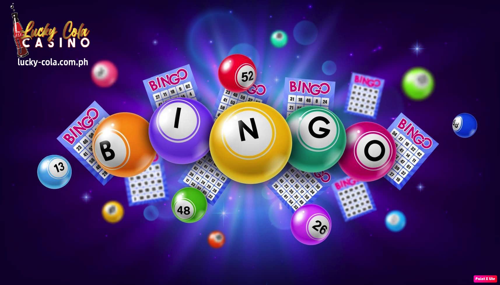 Ang larawan na ito ay may makulay at masiglang Bingo theme na may mga Bingo balls, cards, at logo ng "Lucky Cola Casino" sa isang madilim at cosmic na background.