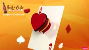 Isang Ace of Hearts na may 3D heart design sa gitna, na pinalilibutan ng iba't ibang card suits sa maliwanag na orange na background.